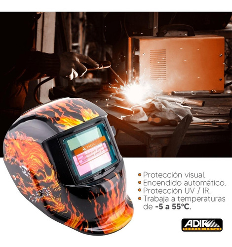 Careta Electrónica Soldar Uso Industrial Skull Adir 6711 Color Negro