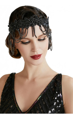 Diadema Con Cadena Great Gatsby De Los Años 20, Negra