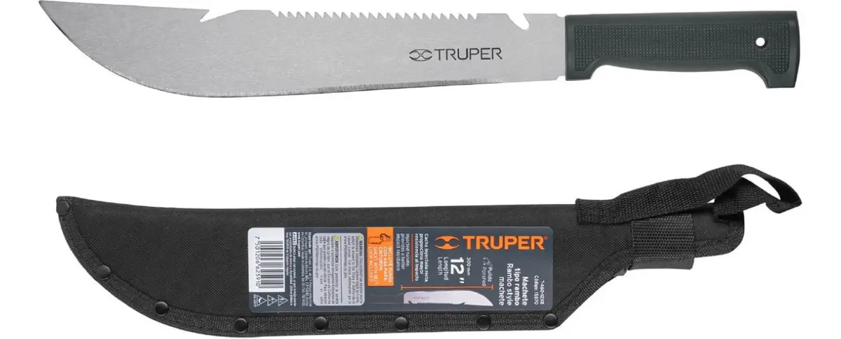 Machete Rambo 12' Cacha Inyectada Negra, Con Funda, Truper
