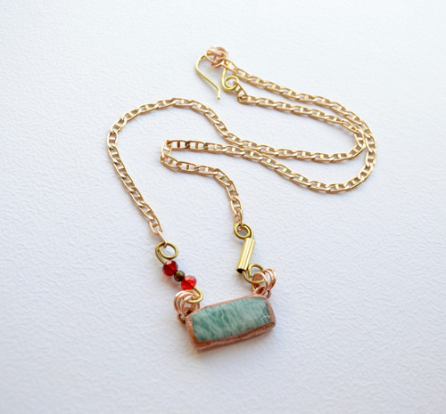 Imagen 4 de 6 de Collar Piedra Natural Amazonita Con Cadena De Bronce, Cod1