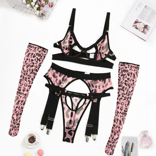 Lencería Coordinado Encaje Babydoll Con Tanga Leopard