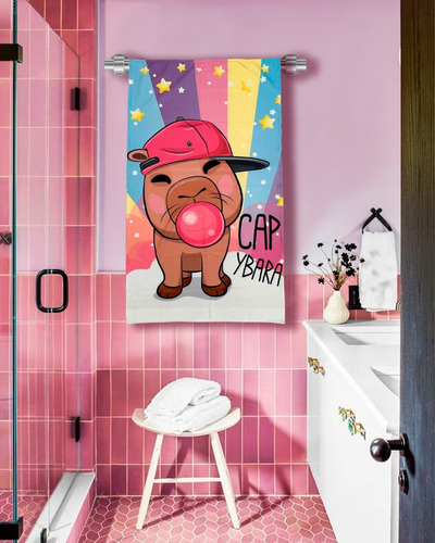 Toalla De Baño Diseño Capibara Chicle 155x85 Cm Microfibra Arcoiris Pastel Capibara Chicle