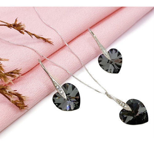 Conjunto Collar Y Aros Cristales Swarovski Plata 925 Plateado 40 Cm