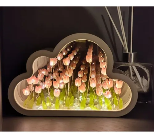 Lámpara Veladora Nube Jardín Infinito Tulipanes Para Armar Estructura Blanco Pantalla Transparente