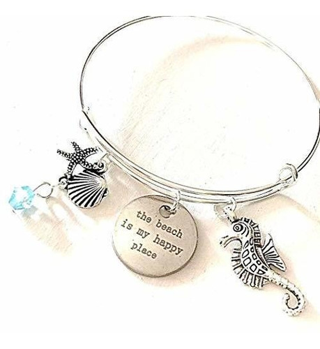 Brazalete - The Beach Is My Happy Place Silver Charm Bangle 