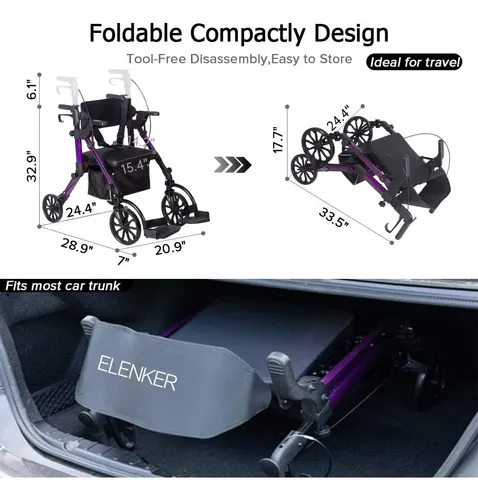 Silla Rollator Walker & Transport Elenker 2 En 1 Morada