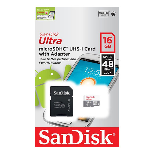 Memoria Micro Sd Sandisk 16gb Clase 10 Con Adaptador Pce