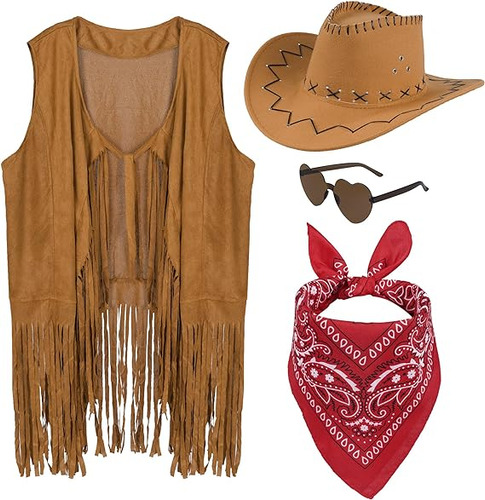 Conjunto De Trajes De Vaquera, Chaleco Con Flecos, Sombrero De Vaquero Y Gafas De Sol