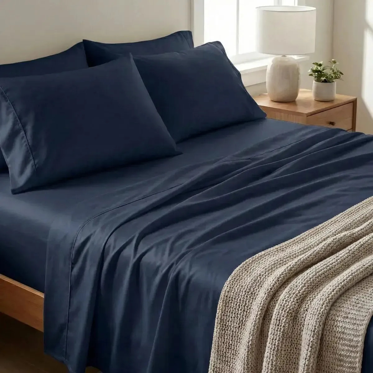 Juego De Sábanas Queen 1200 Hilos Liso Suave City Blanco Azul Liso