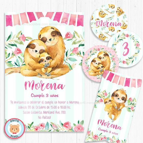 Kit Imprimible Perezoso Cumpleaños Bautismo Baby Shower Oso