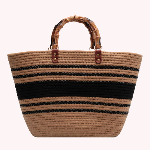 Bolsos De Playa De Moda Con Mango De Bambú, Algodón Tejido A