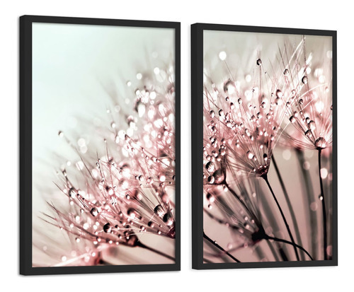 Quadro Decorativo Flor Dente De Leão Fundo Rosê Sala 60x90cm Cor Preto