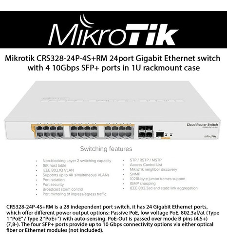 Router Switch Mikrotik Crs328-24p-4s+rm L3 24 P. Gigabit C/p