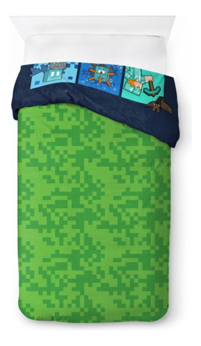Edredon Minecraft 2 Pzs Doble Vista Individual / Matrimonial Verde 2 Estampado