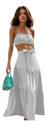 Conjunto Dos Piezas Crop Top Tirante Con Falda Larga Mujer