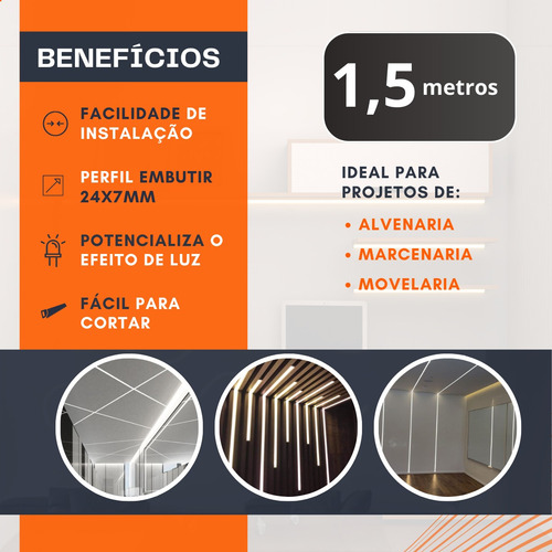 Perfil De Led Embutir 1,50m Slim De Aluminio Para Ripado