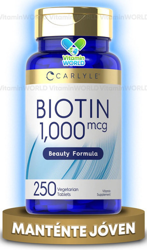 Carlyle Biotin 1000mcg 250 Tabletas Suplemento Vitaminico Sabor Sin Sabor