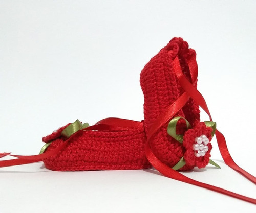 A43 Sapatinho Sapatilha Croche Bebe Feminina Vermelha Perola