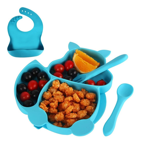 Set De Vajilla Silicona Bebe Sin Bpa Succion Plato Babero