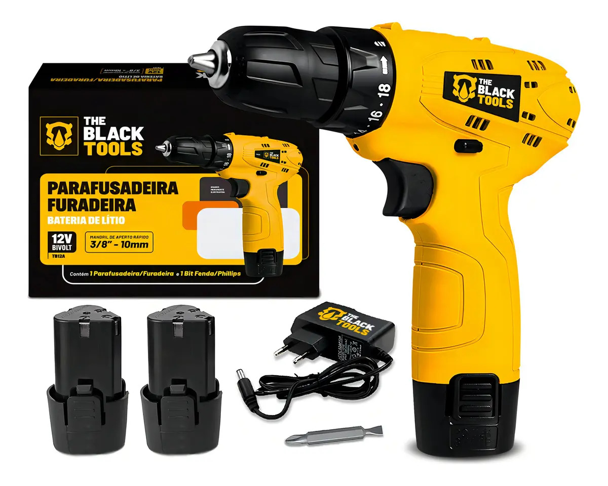 Parafusadeira Furadeira Sem Fio 12v 3/8 10mm Com 2 Baterias Tb-12a-2b The Black Tools