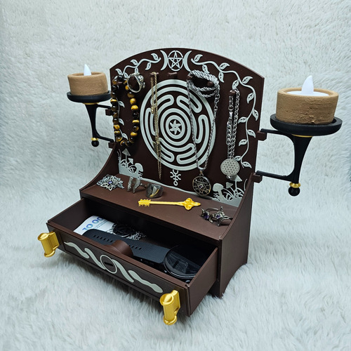 Alhajero Strophalo Hécate Antorchas Mueble Exhibidor Joyas Marrón Detalles Crema