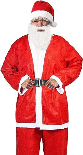 Sorangeun Disfraz De Santa Claus Para Hombre, Cómodo Disfraz De Papá Noel, 5pcs Conjunto De Papá Noel Con Gorro, Barba, Top, Pantalones, Cinturón