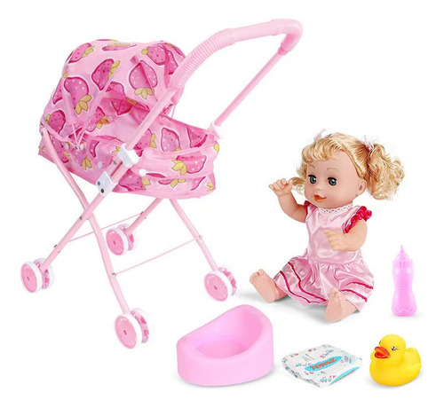 Set Doll + Stroller + 4 Piezas, Cochecito Rainbow Para Niños