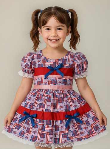 Vestido Festa Junina Infantil Estampado Com Laço Azul E Rosa
