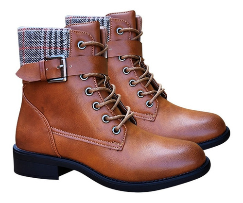 Botin Mujer De Cuero Pu Con Diseño Escoces Casual Camel 7146