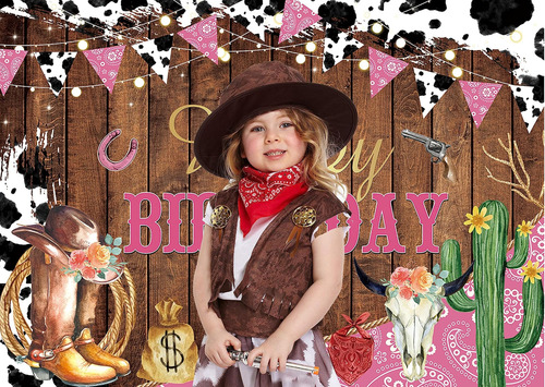 Western Cowgirl Birthdrop Telón De Fondo Estampado Vaca Pink