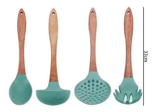 Kit Colher Concha Pegador 4 Utensílios Silicone Azul Ciano