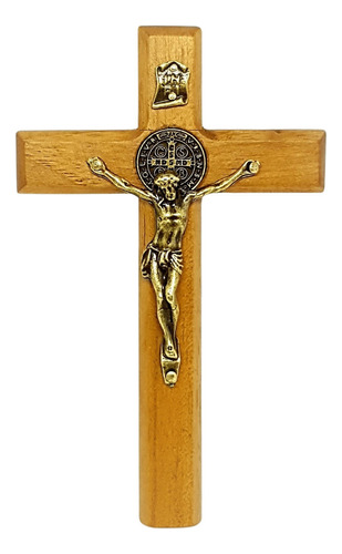 Crucifixo De São Bento De Mão Ou Porta Madeira Clara 12 Cm