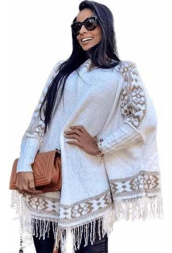 Poncho Blusa Manga Longa Feminina Kimono Tricot Inverno