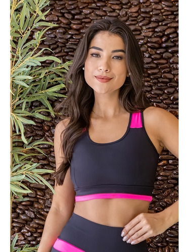 Top Basic Neon Fitnez® - Cor Preto Com Rosa