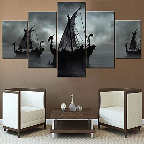 Decoración Nórdica Pintura En Blanco Y Negro Barco De Viking