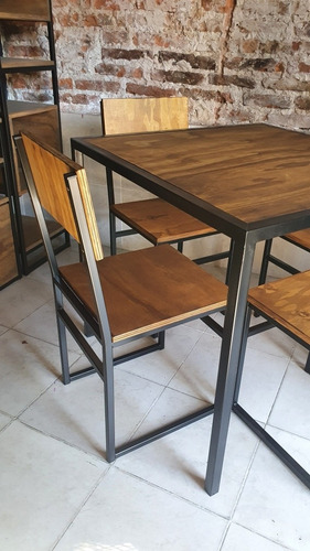 Imagen 3 de 8 de Mesa Bar Cervecera 85x85 Industrial + 4 Sillas Hierro Epoxi