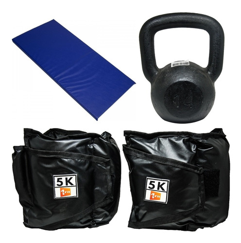 Kit Colchonete Azul+caneleira 5kg+kettlebell Pintado 14kg