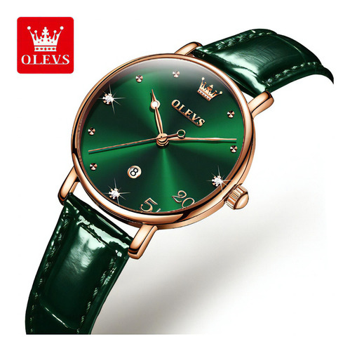 Relógios femininos Olevs, elegante pulseira de couro impermeável, cor verde