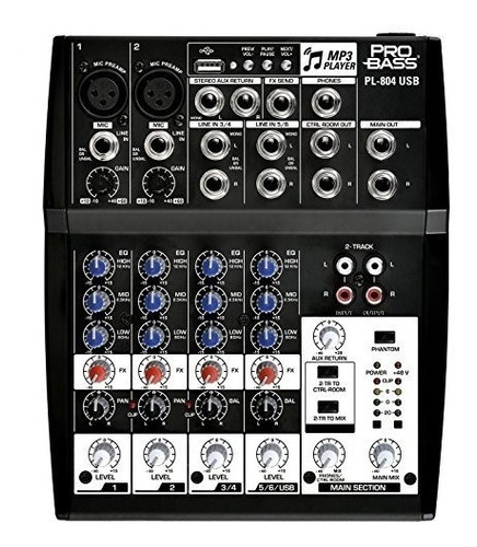 Imagen 3 de 6 de Consola Mixer Pro Bass Pl804 Usb 6 Can Phantom Usb Xlr