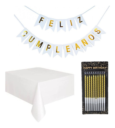 Kit Decoración Fiesta Feliz Cumpleaños Blanco Con Dorado