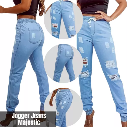 Calça Feminina Jogger Jeans Destroyed Cintura Alta Blogueira Azul Claro