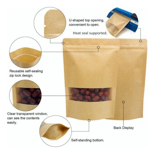100 Sacos Kraft Stand Up Pouch Com Janela Para 250g