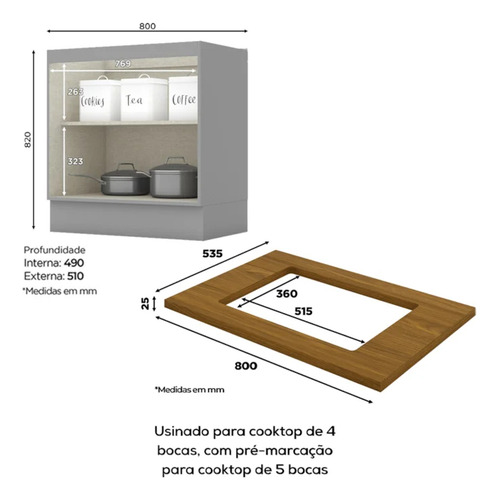Balcão com Tampo Para Cooktop 2P 80cm Americana Cinza Nature Henn