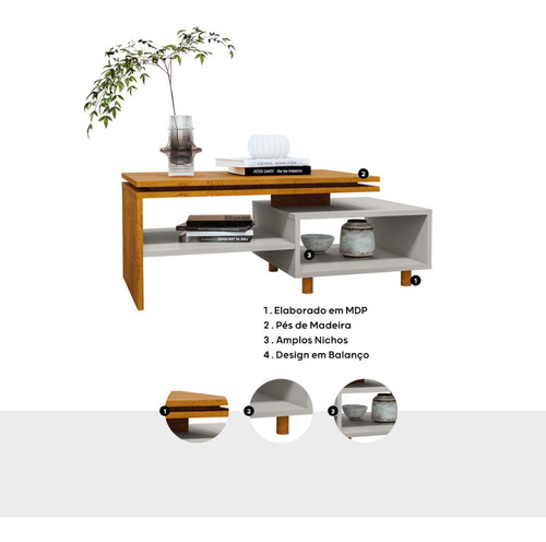 Mesa De Centro Com Nichos E Pés 90cm Multimóveis Cr45279 Cor Naturalle/Off White