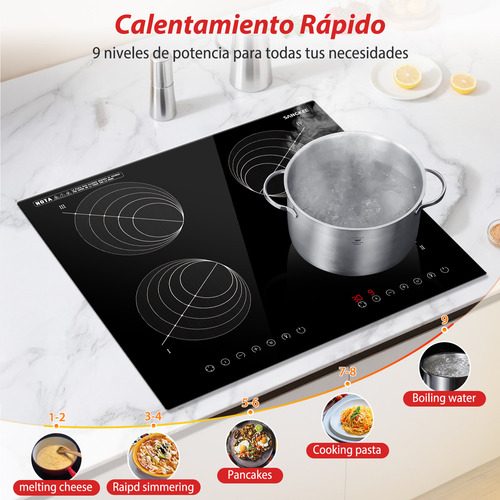 SANGKEE Parrilla De Induccion Electrica De 4 Zonas Con Dos Enchufes, Estufa Táctil Con Digital Sensor 3600w, Control Independiente, Ahorro De Energia, Bloqueo De Seguridad Para Niños, 127V