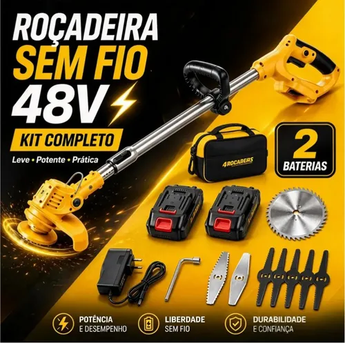 Roçadeira Elétrica Sem Fio Tramontina 48V com 2 Baterias, Motor de Alta Potência, Lâminas de Serra Metálicas, Haste Regulável, Kit Multifuncional