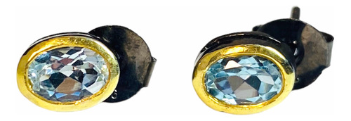 Aros Stud Plata 925 Bañado En Oro Negro Topacio Azul Natural