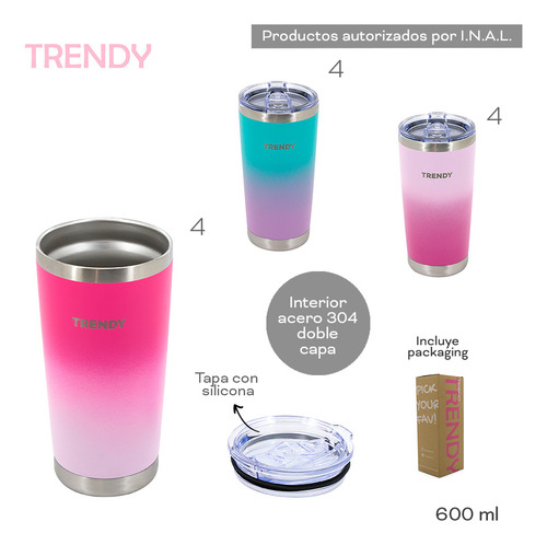 Vaso Termico Trendy 600ml Acero Inoxidable Rosa Y Fucsia
