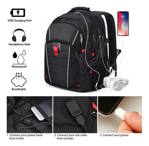 45l Mochila Impermeable Para Laptop De 17.3 Usb Para Hombre Color Negro Diseño De La Tela Liso