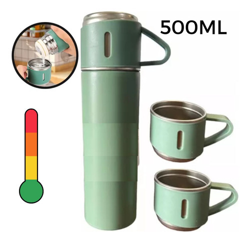 Kit Garrafa Térmica Vacuum Flask Set 500ml Com 3 Xícaras Fav Cor Verde